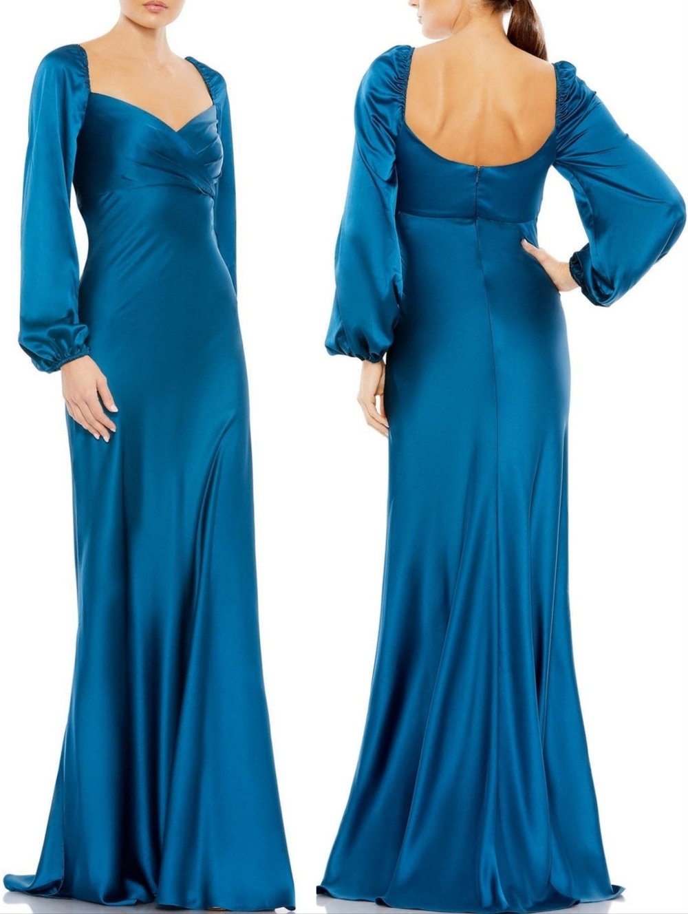 Mac Duggal 495191 Blue Bishop Sleeve Sweetheart Neck Column Gown Dress 16 NWT